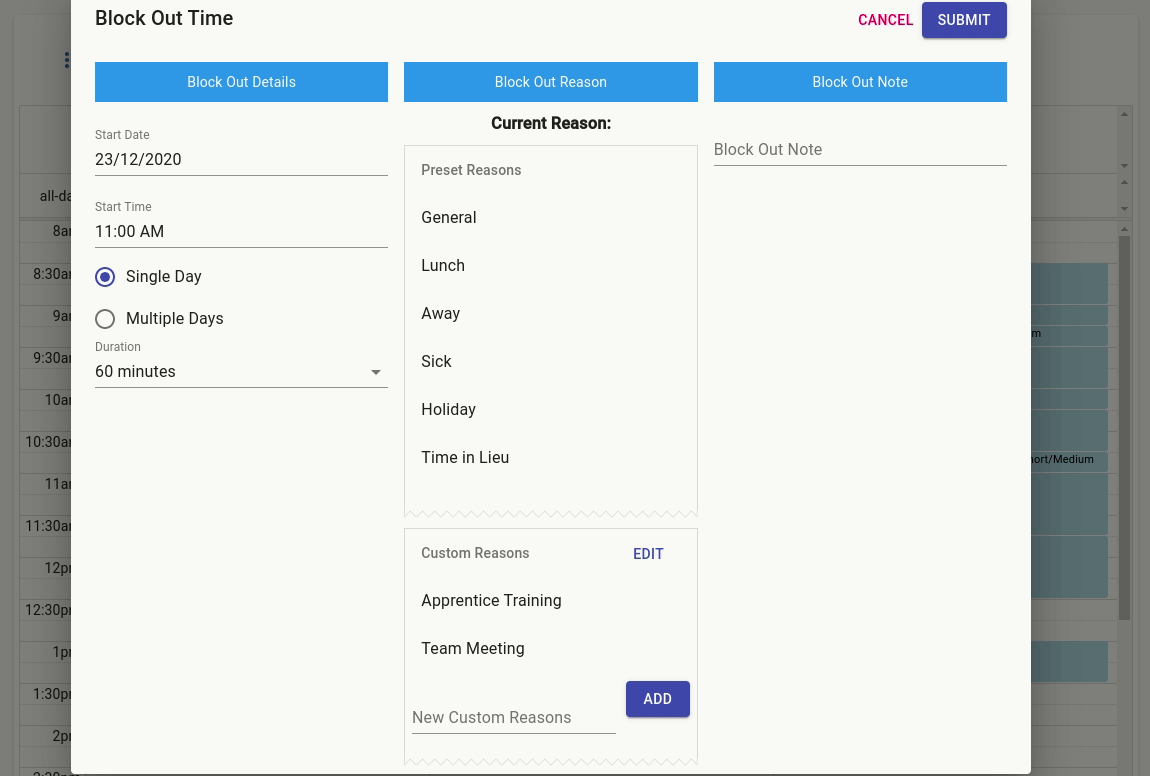 How To Add and Edit Block Out Notes Client Diary